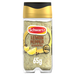 A clear jar of Schwartz Lemon Pepper Seasoning, part of the Jr Lemon Pepper Seas X6 product line, is shown with a gold and black lid and a label featuring lemon wedges and peppercorns.