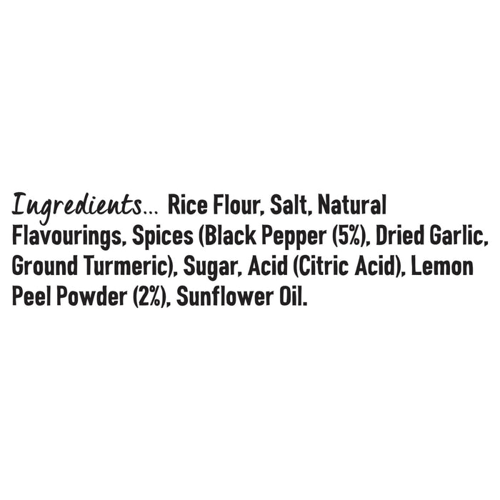 The ingredients list for the Jr Lemon Pepper Seas X6 is displayed in black text, including rice flour, salt, spices like black pepper and turmeric, and lemon peel powder.