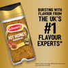 A bottle of Schwartz Jr Hot Honey Seas X6 seasoning is displayed against a gold background with text highlighting the brand as the number one flavour experts in the UK.