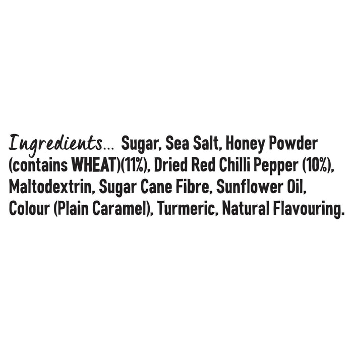 The ingredients list for the Jr Hot Honey Seas X6 seasoning includes sugar, sea salt, honey powder, and dried red chilli pepper.