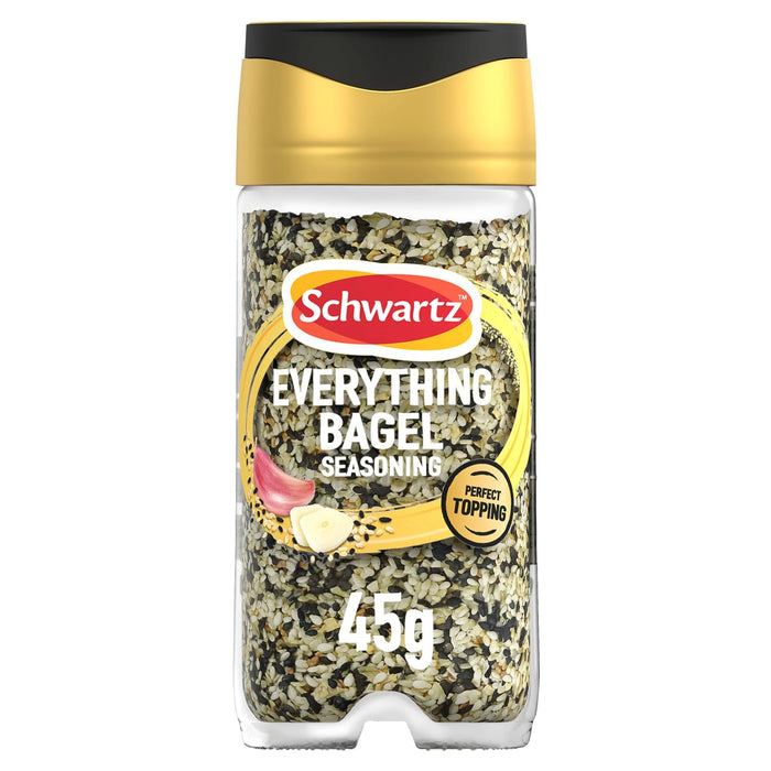A clear Schwartz jar filled with Everything Bagel Seasoning, belonging to the Jr Every Bagel Seas X6 product offering, is displayed against a white background.