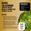 An infographic recipe for a bagel seasoning topped green bean and mangetout citrus salad featuring the Jr Every Bagel Seas X6 and Schwartz Lemon Pepper Seasoning.