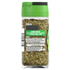 The back of a clear glass jar of Schwartz Basil 10G, showing the label with cooking suggestions and information that the herb is hand-picked to preserve its natural qualities.
