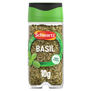 A clear plastic jar of Schwartz Basil, 10G, is shown against a white background, featuring a green and black lid and a label with fresh basil leaves.
