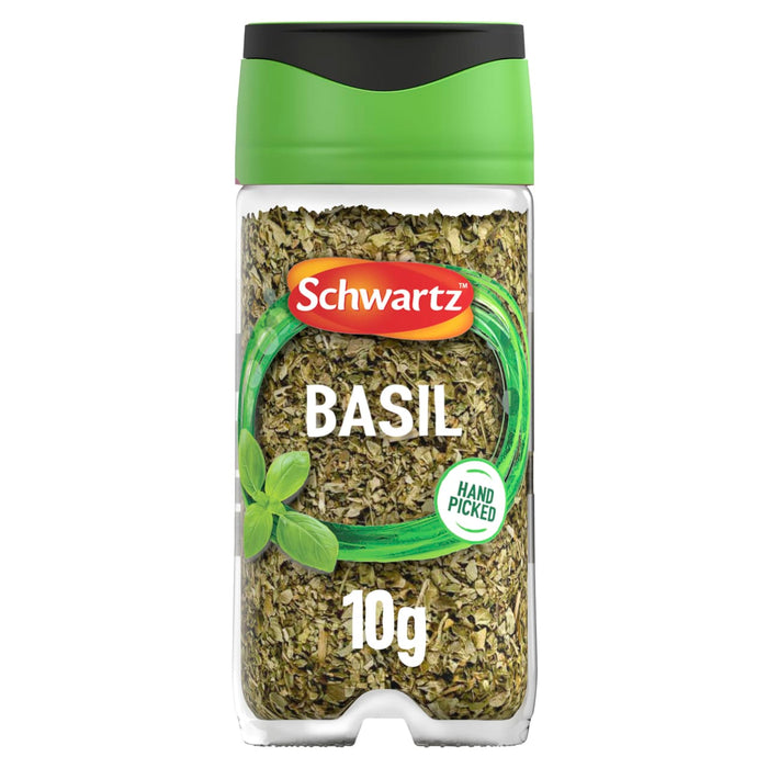 A clear plastic jar of Schwartz Basil, 10G, is shown against a white background, featuring a green and black lid and a label with fresh basil leaves.
