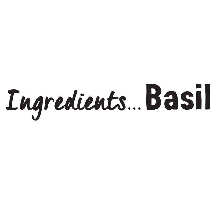 A minimalist graphic illustration featuring the text Ingredients Basil belonging to a package of Schwartz Basil 10G.
