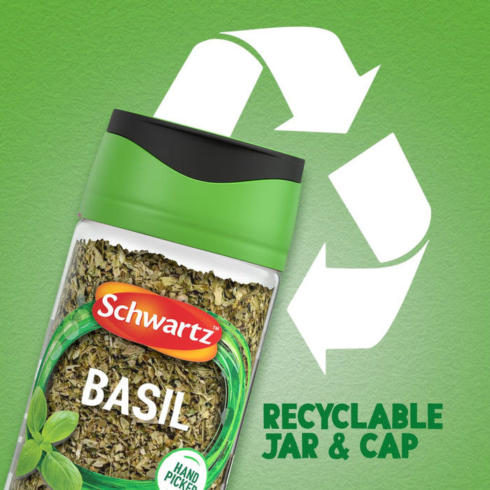 A promotional graphic highlighting the sustainability of Schwartz Basil 10G with a large white recycling symbol and text stating the jar and cap are recyclable.