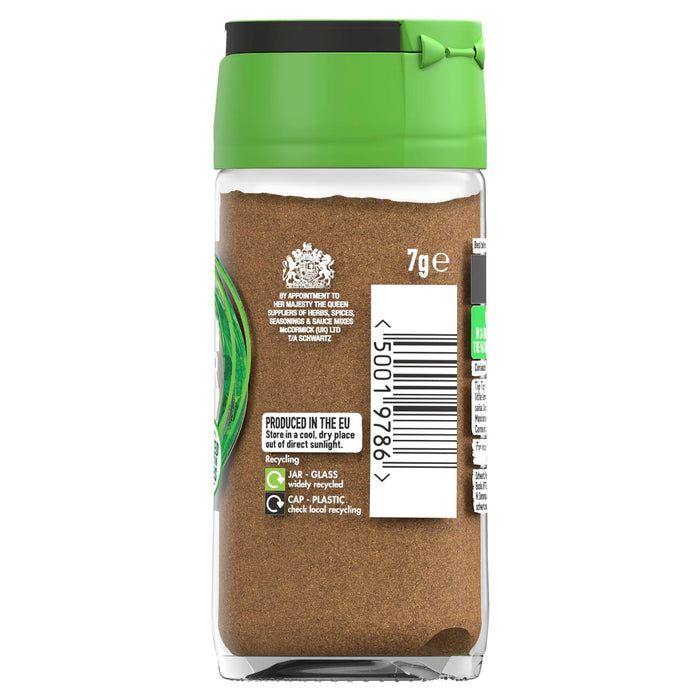 A back view of the Schwartz Coriander Leaf 7G Jar showing the barcode and recycling information for the glass jar and plastic cap.