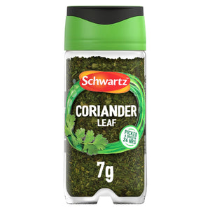 A clear glass Schwartz Coriander Leaf 7G Jar with a green and black lid containing finely ground dried herbs.