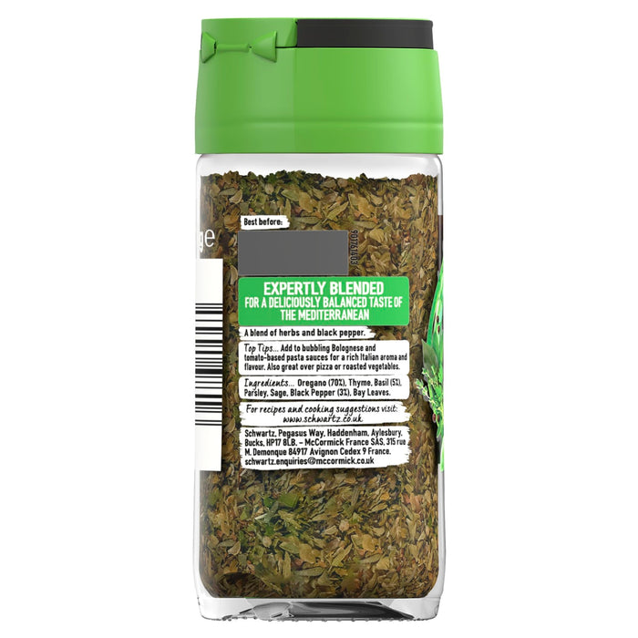 The back of a clear glass jar of Schwartz Italian Herbs, 11G, shows the product's label with ingredients and cooking suggestions against the visible blend of dried herbs inside.