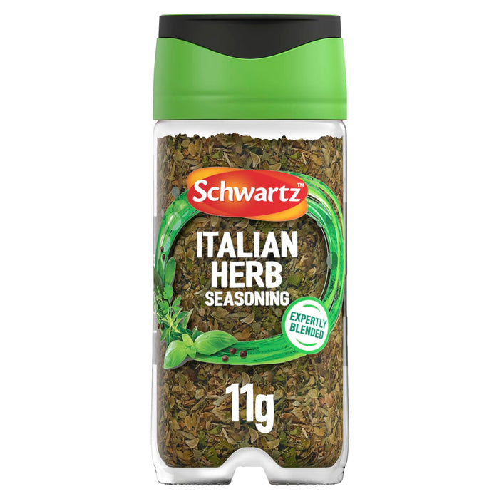 A clear plastic jar of Schwartz Italian Herbs, 11G, is shown against a white background, featuring a green and black lid and a label with fresh herbs.