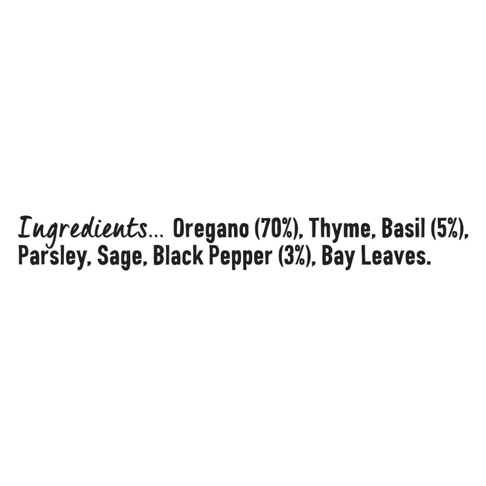 The ingredient list for Schwartz Italian Herbs, 11G, is shown, detailing a blend of Oregano (70%), Thyme, Basil (5%), Parsley, Sage, Black Pepper (3%), and Bay Leaves.