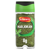 A clear glass jar of Schwartz Marjoram, 8G with a green and black lid and a label featuring a small sprig of fresh marjoram.