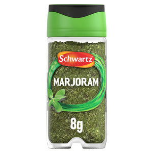 A clear glass jar of Schwartz Marjoram, 8G with a green and black lid and a label featuring a small sprig of fresh marjoram.