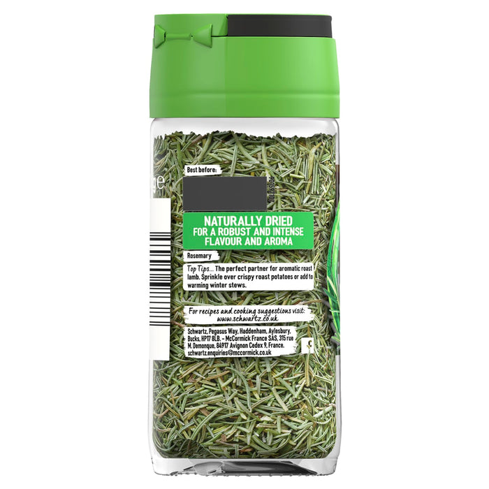 A clear glass jar of Schwartz Rosemary, 18G, is shown with a green lid, revealing the dried rosemary needles inside and the label with serving suggestions.