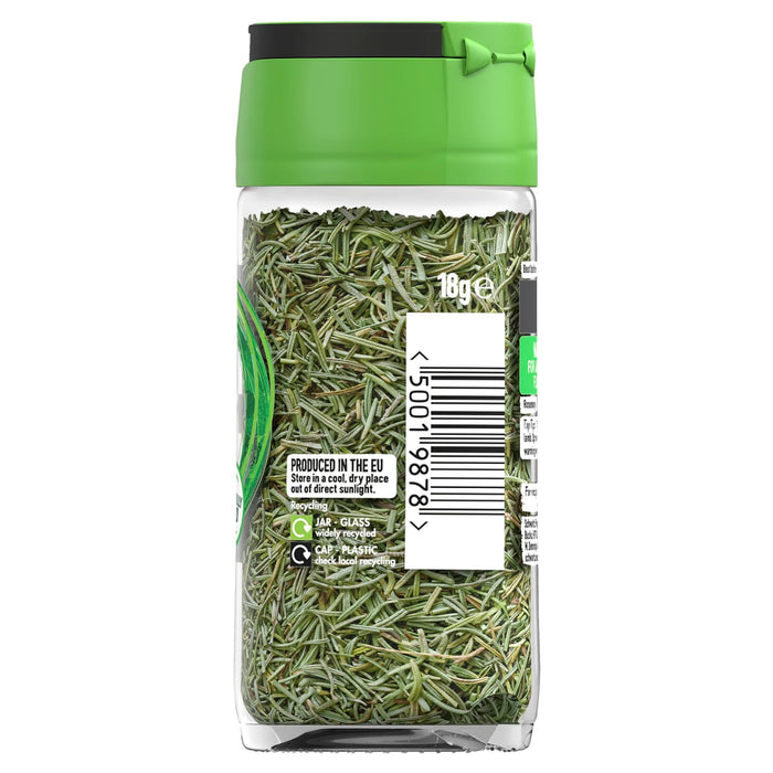 The back of a glass jar of Schwartz Rosemary, 18G, shows the dried herb, recycling information, and barcode against a white background.