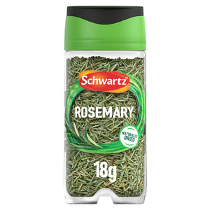 A clear plastic jar of Schwartz Rosemary, 18G, is shown against a white background, with a green and black lid.