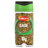 A clear glass Schwartz Rubbed Sage 10G Jar with a green and black lid showing the dried herb inside.