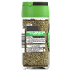 A glass jar filled with Schwartz Dried Thyme featuring a green lid and a back label detailing cooking tips and harvest information.