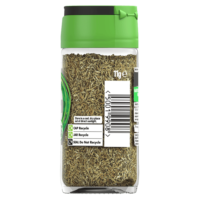 A clear plastic jar of Schwartz Thyme 11G with a green lid, displaying the dried herb inside and recycling information on the label