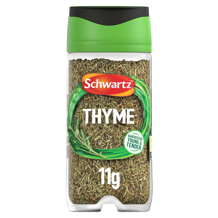 A clear plastic jar of Schwartz Thyme 11G is presented in a studio shot against a plain white background.