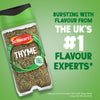 A jar of Schwartz Thyme 11 G is shown against a green background with text that reads, Bursting with flavour from the UK's #1 flavour experts.