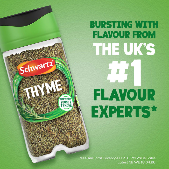 A jar of Schwartz Thyme 11 G is shown against a green background with text that reads, Bursting with flavour from the UK's #1 flavour experts.