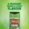 A jar of Schwartz Thyme 11 G is displayed against a vibrant green background with the text A fragrant aroma & lively flavour above it.