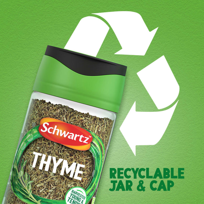 A jar of Schwartz Thyme 11 G is shown against a green background with a large recycling symbol to highlight its recyclable jar and cap.