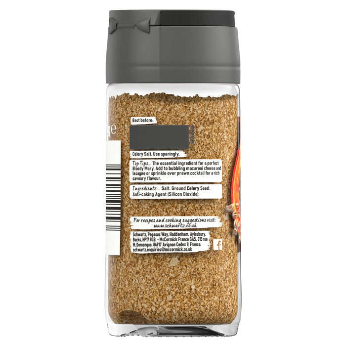 The back label of Schwartz Celery Salt 72G provides ingredients and usage tips for adding a rich savory flavor to dishes like Bloody Marys and macaroni cheese.