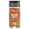 A clear glass jar of Schwartz Celery Salt 72G featuring a blend of ground celery seeds and salt visible through the container.