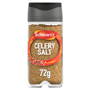 A clear glass jar of Schwartz Celery Salt 72G featuring a blend of ground celery seeds and salt visible through the container.