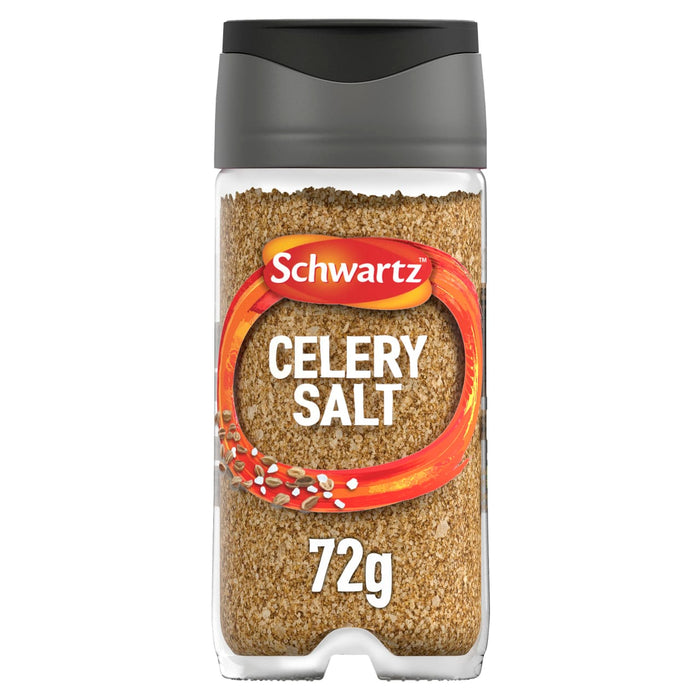A clear glass jar of Schwartz Celery Salt 72G featuring a blend of ground celery seeds and salt visible through the container.