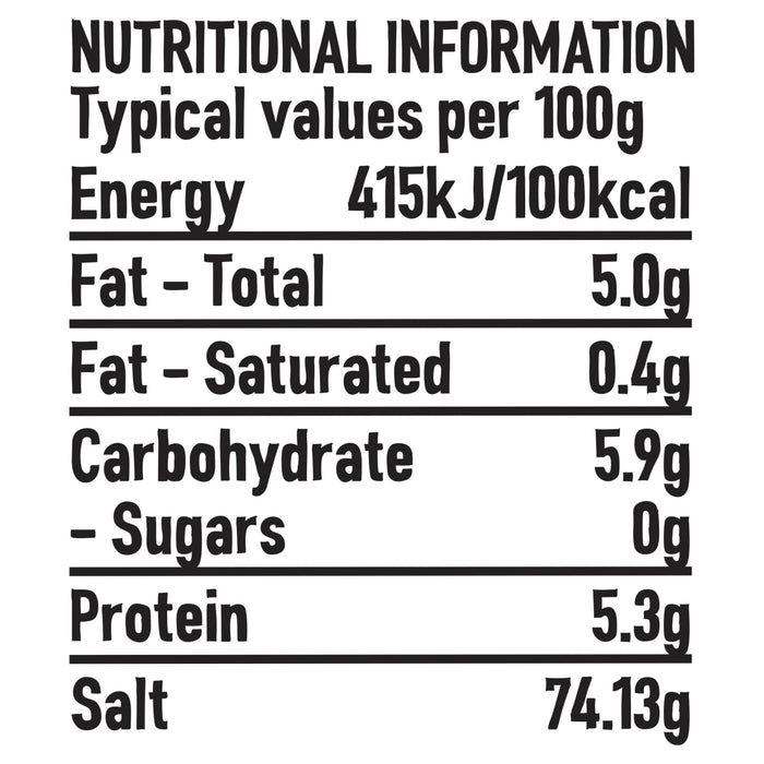 A nutritional information table for Schwartz Celery Salt 72G detailing typical values per 100g including 100kcal of energy and 74.13g of salt.