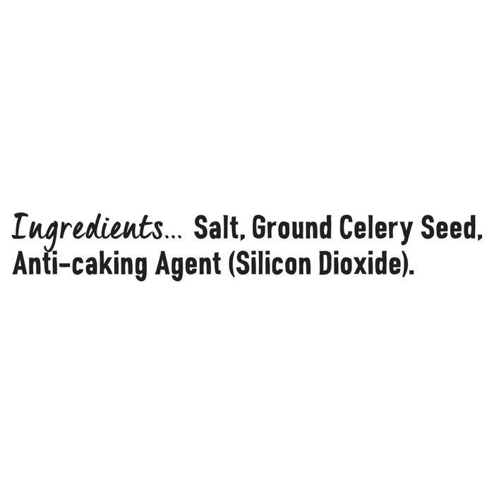 A list of ingredients for Schwartz Celery Salt 72G including salt, ground celery seed, and silicon dioxide as an anti-caking agent.