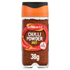 A clear glass jar of Schwartz Hot Chilli Powder 38G featuring a vibrant orange cap and a label with a red chili pepper illustration.
