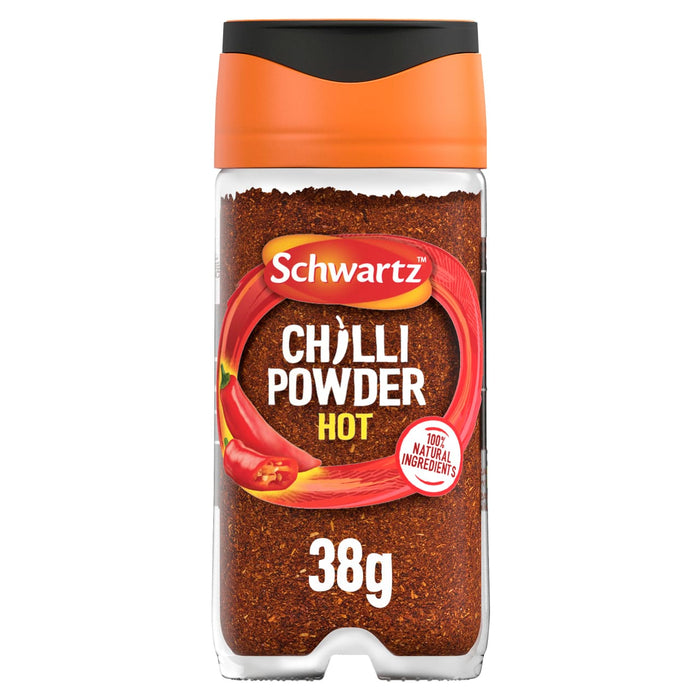 A clear glass jar of Schwartz Hot Chilli Powder 38G featuring a vibrant orange cap and a label with a red chili pepper illustration.