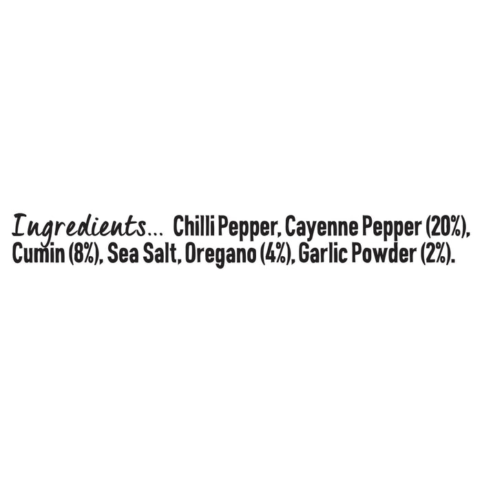 A list of ingredients for Schwartz Hot Chilli Powder 38G including chilli pepper, cayenne pepper, cumin, sea salt, oregano, and garlic powder.