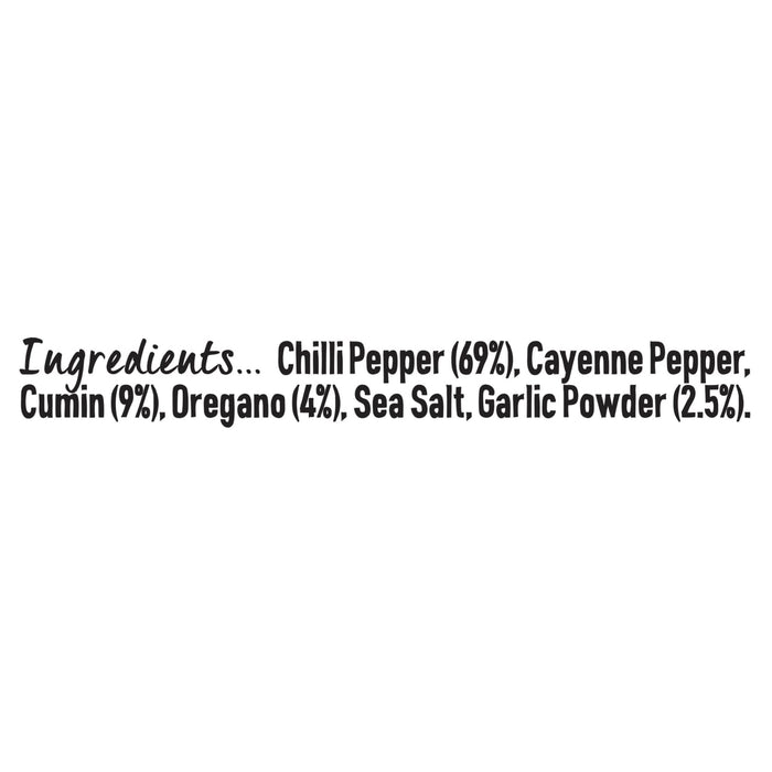 A list of ingredients for Schwartz Chilli Powder, 38G including chilli pepper, cayenne pepper, cumin, oregano, sea salt, and garlic powder.