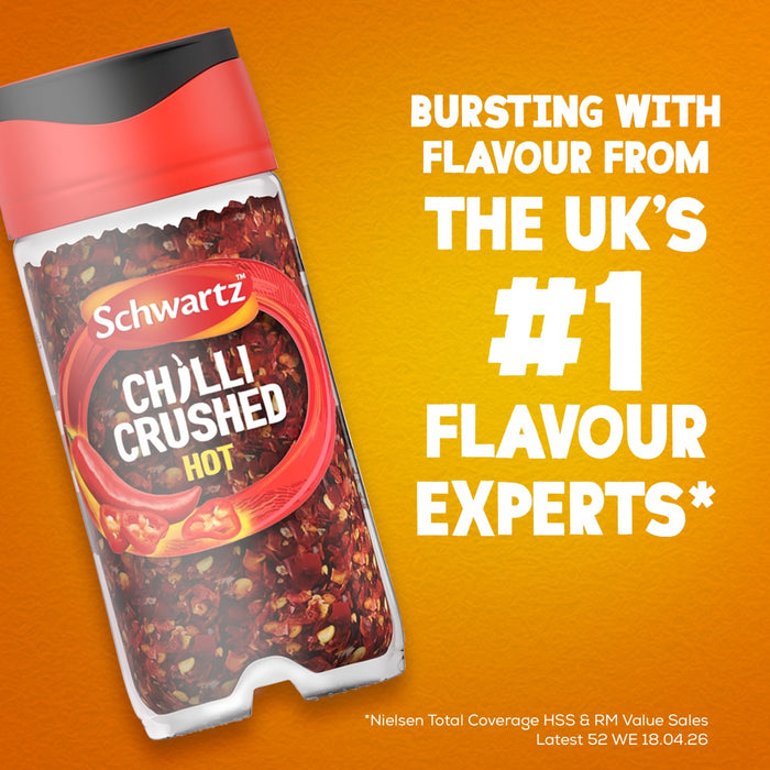 An advertisement features a jar of Schwartz Crushed Chillies 29G against an orange background with text that reads, Bursting with flavour from the UK's #1 flavour experts.