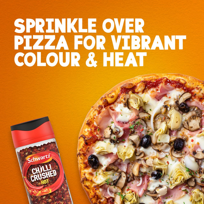 An advertisement shows a jar of Schwartz Crushed Chillies 29G next to a pizza topped with ham, mushrooms, and artichokes, suggesting its use for adding vibrant colour and heat.