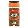 A clear glass jar of Schwartz Cumin Seeds, 35G featuring an orange and black lid and a label with a vibrant red and yellow swirl.