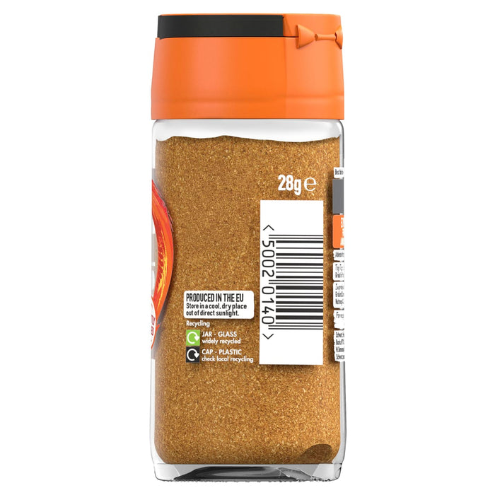 A side view of a glass jar containing Schwartz Mixed Spice 28G featuring a barcode and recycling information on the label.