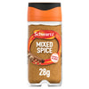 A clear glass jar of Schwartz Mixed Spice 28G featuring an orange cap and a label showing whole cinnamon sticks and nutmeg seeds.
