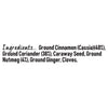 The ingredient list for Schwartz Mixed Spice 28G includes ground cinnamon cassia at 40 percent, ground coriander at 38 percent, caraway seed, ground nutmeg at 4 percent, ground ginger, and cloves.