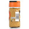 A clear glass Schwartz Mustard Seed 48G Jar filled with whole yellow mustard seeds features a white label with a barcode and recycling information.