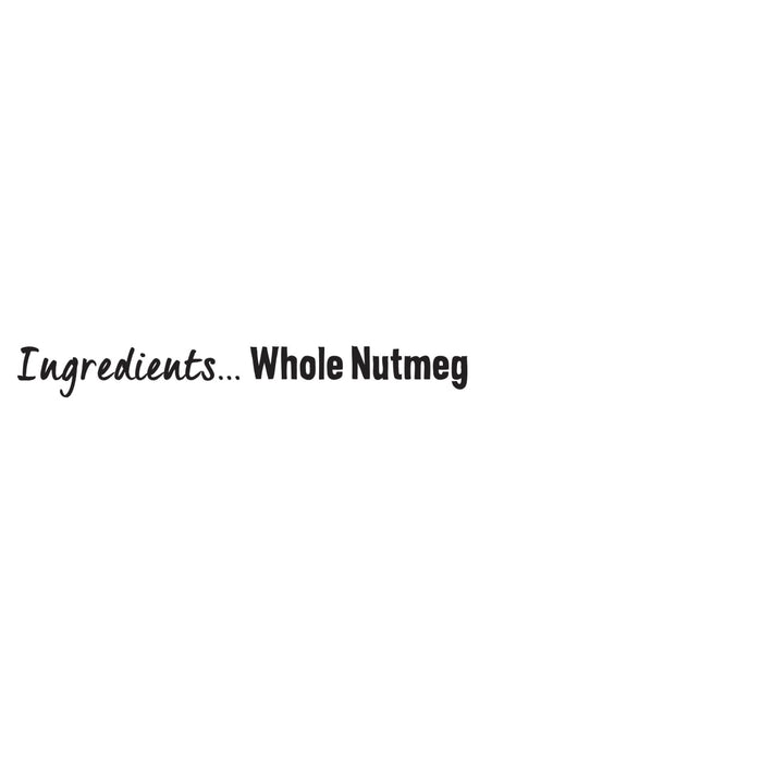A simple graphic displaying the ingredient list for a Schwartz Whole Nutmeg 25G Jar, Imported From Britain against a plain white background.