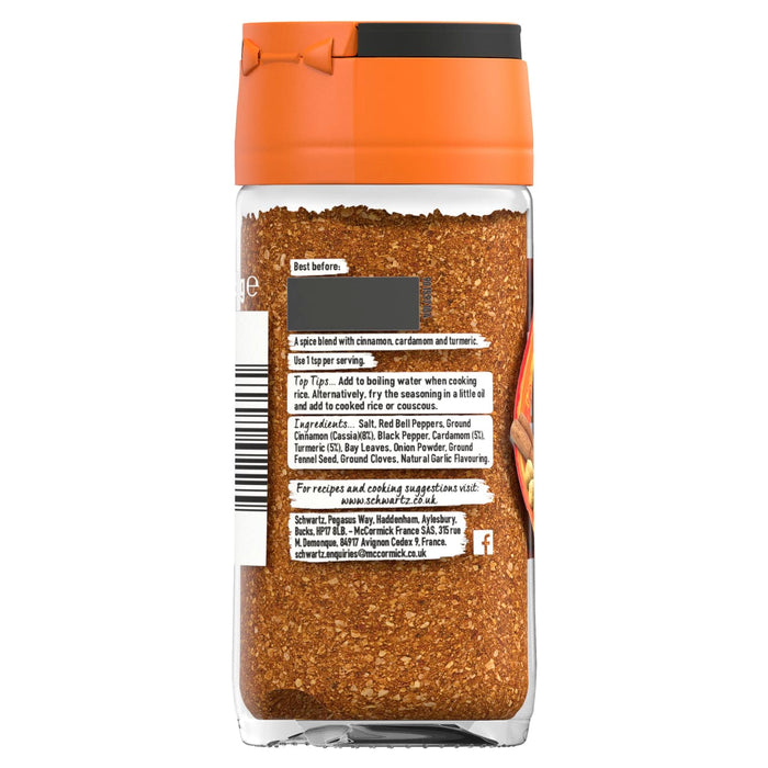 The back label of Schwartz Pilau Rice Seasoning 65G displays the ingredients list including cinnamon, cardamom, and turmeric along with cooking tips for perfect rice.