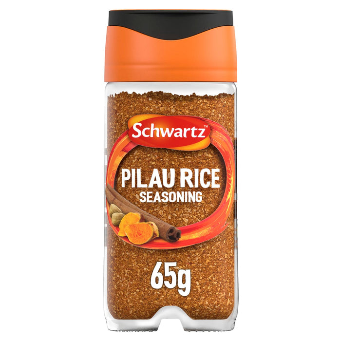 A clear glass jar of Schwartz Pilau Rice Seasoning, 65G featuring an orange cap and a label showing cinnamon sticks, turmeric, and cardamom pods.