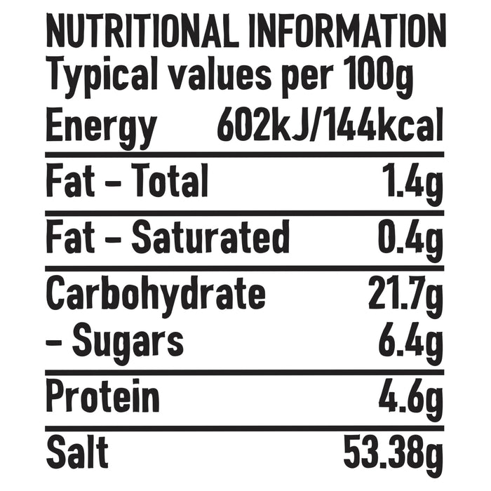 A nutritional information table for Schwartz Pilau Rice Seasoning 65G detailing typical values per 100 grams including energy fat carbohydrates protein and salt content.